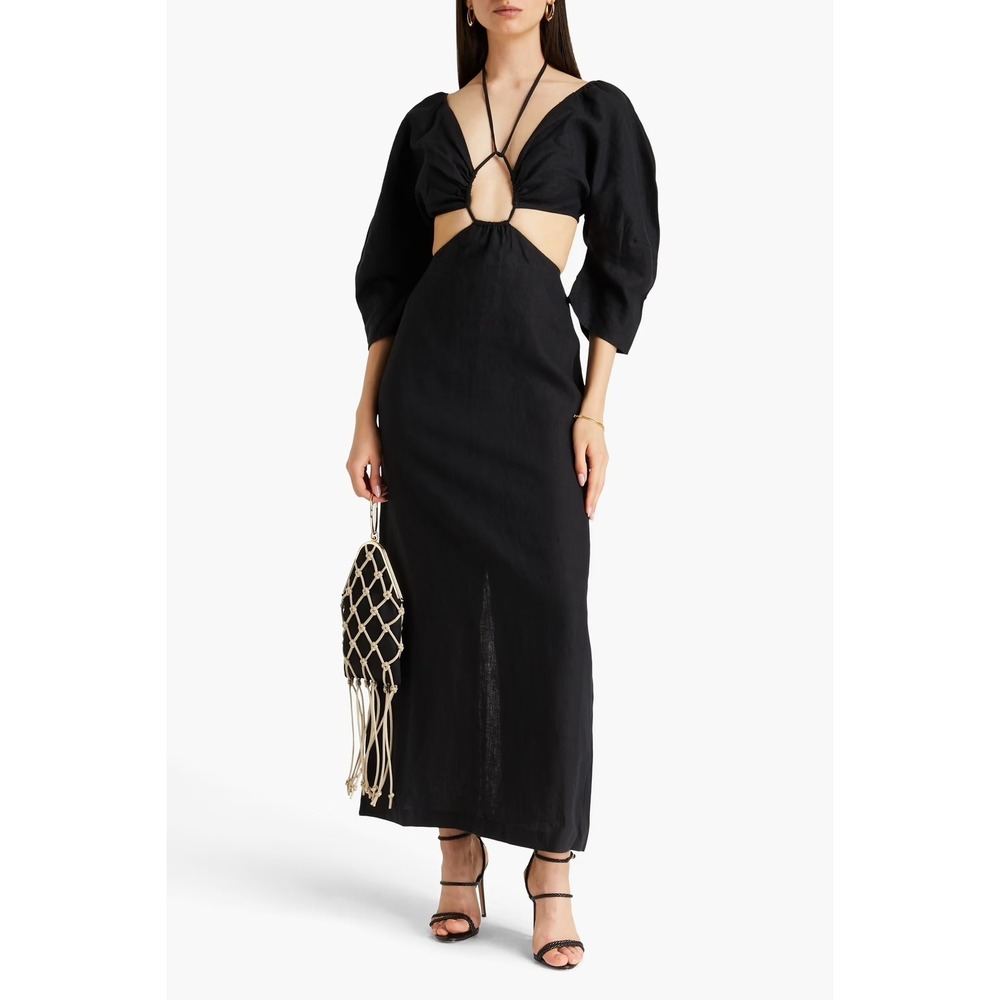 Mara‎ Hoffman Celia Dress Black Linen Cutout Maxi Tie Back Puff Sleeves Sz 4